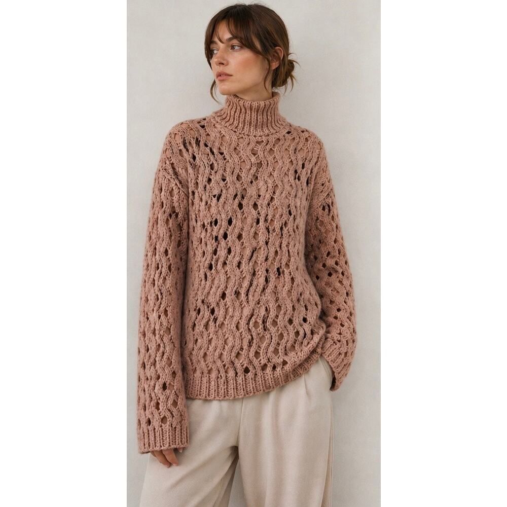Attic & Barn Tudaio Turtleneck Chunky Cable Knit Wool Blend Neutral Pullover M